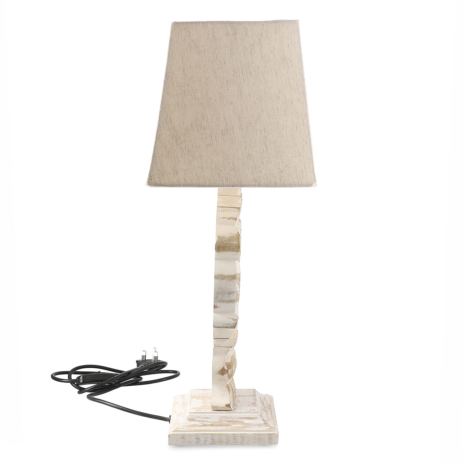Hand Carved Vintage White Mango Wood Lamp with Linen Lamp Shade (Size 30x20x55 cm)