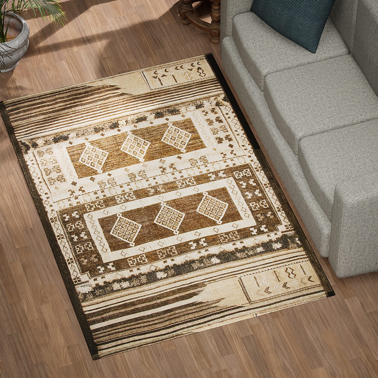 Hand Made 100% Cotton Printed Rug (Size 180x120 cm) - Beige - Green