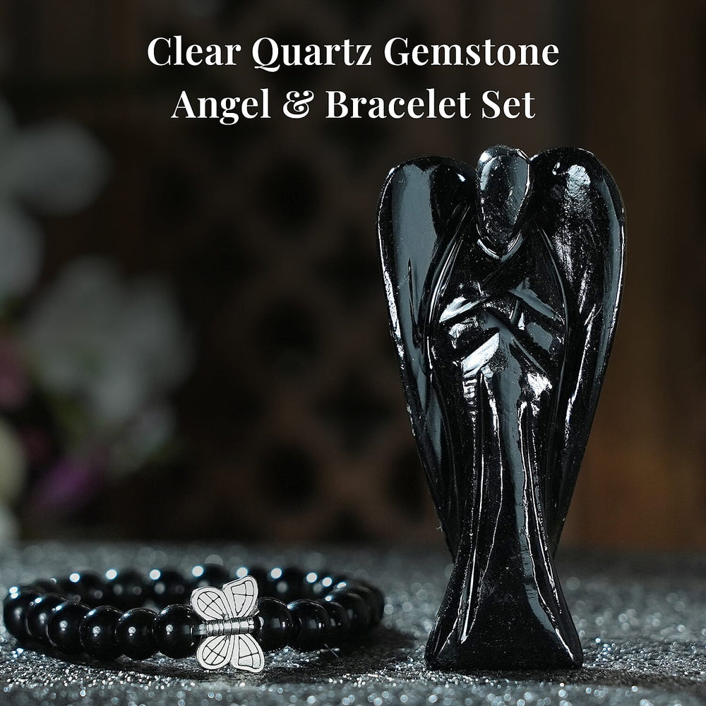 Handcarved Black Obsidian Guardian Angel Figurine Sculpture (Size 8 Cm) & Butterfly Stretchable Bracelet Presented in Velvet Pouch With Gift Card