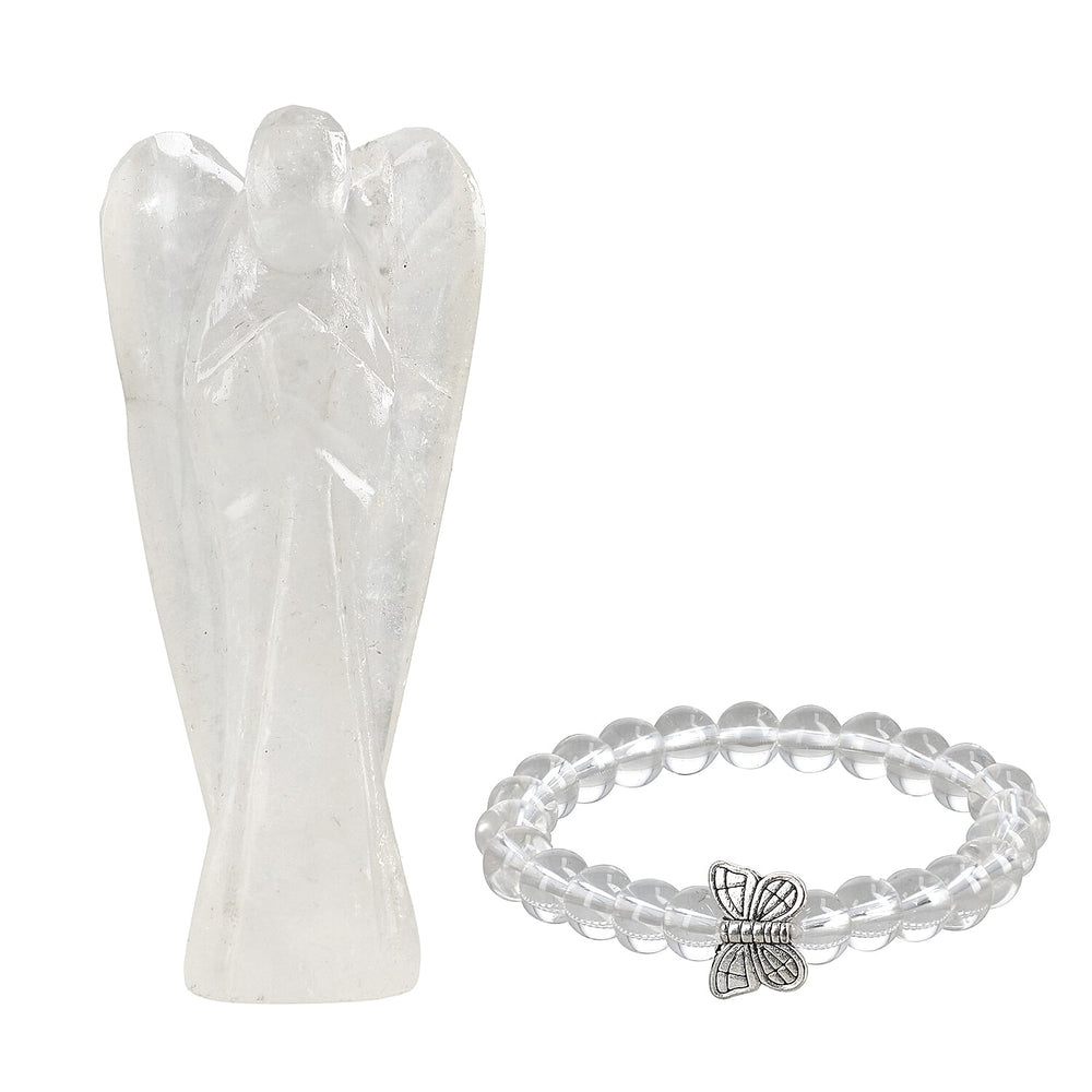 Handcarved White Quartz Guardian Angel Figurine Sculpture (Size 8 Cm) & Butterfly Stretchable Bracelet Presented in Velvet Pouch With Gift Card