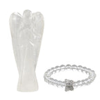 Handcarved White Quartz Guardian Angel Figurine Sculpture (Size 8 Cm) & Butterfly Stretchable Bracelet Presented in Velvet Pouch With Gift Card