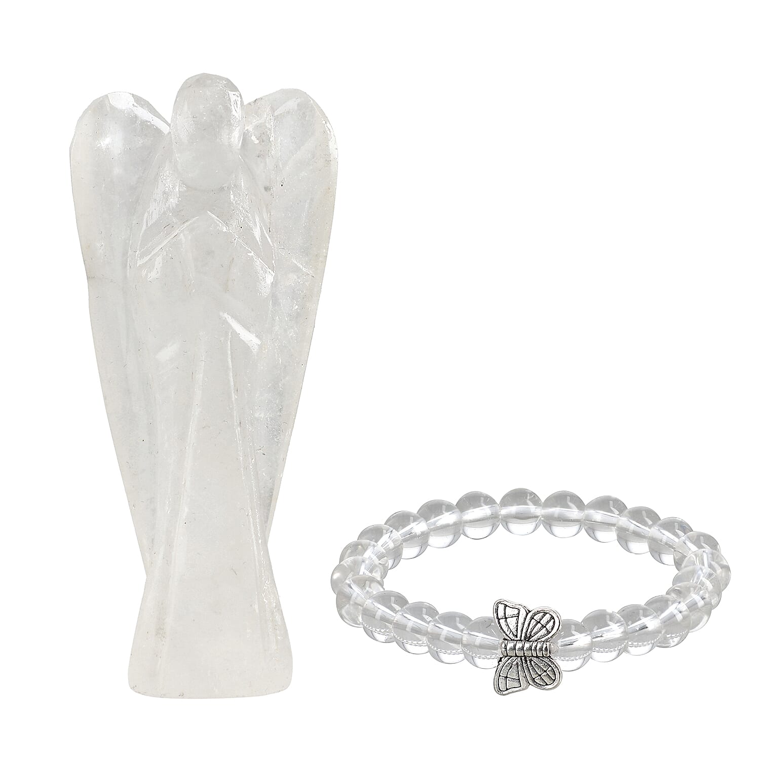 Handcarved White Quartz Guardian Angel Figurine Sculpture (Size 8 Cm) & Butterfly Stretchable Bracelet Presented in Velvet Pouch With Gift Card