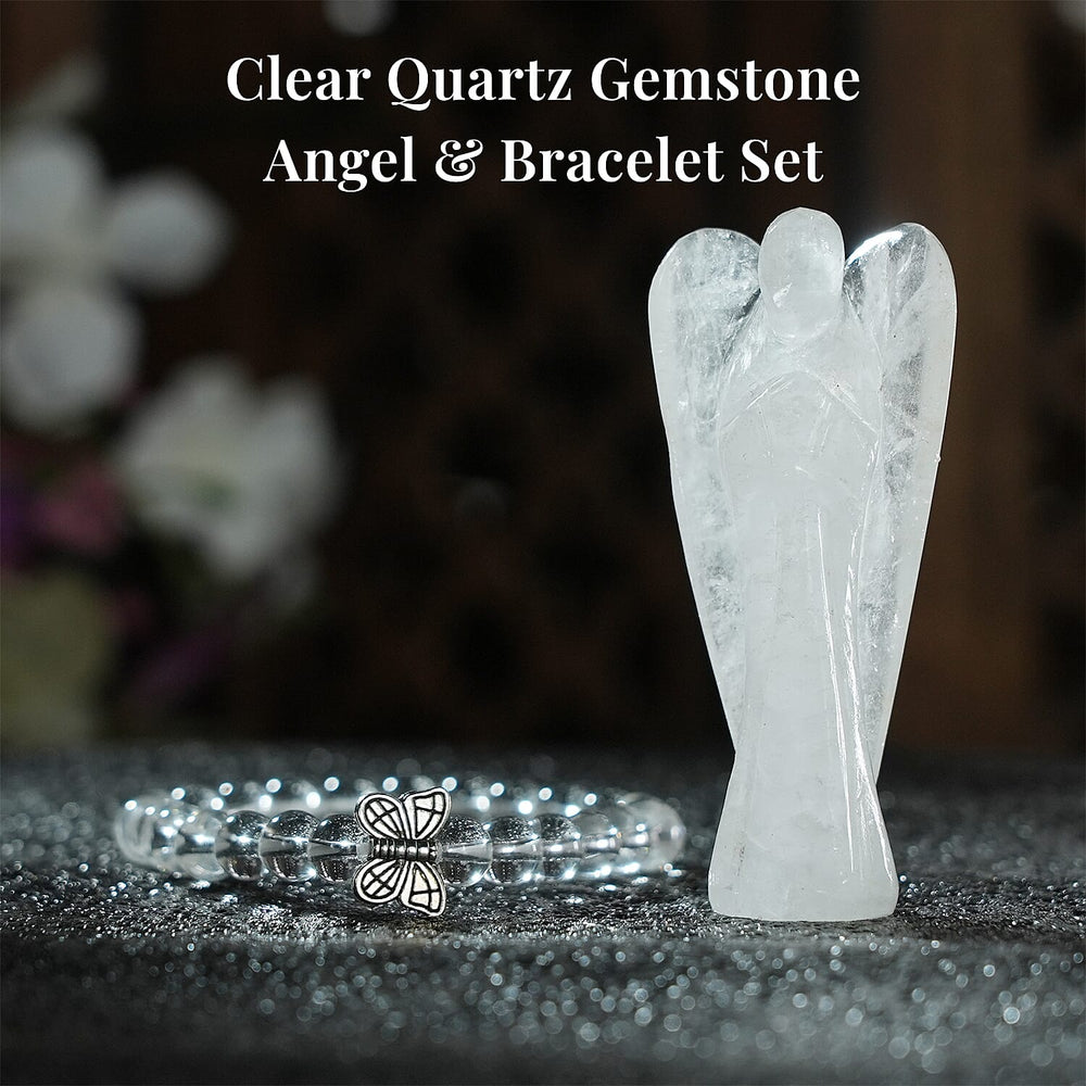Handcarved White Quartz Guardian Angel Figurine Sculpture (Size 8 Cm) & Butterfly Stretchable Bracelet Presented in Velvet Pouch With Gift Card