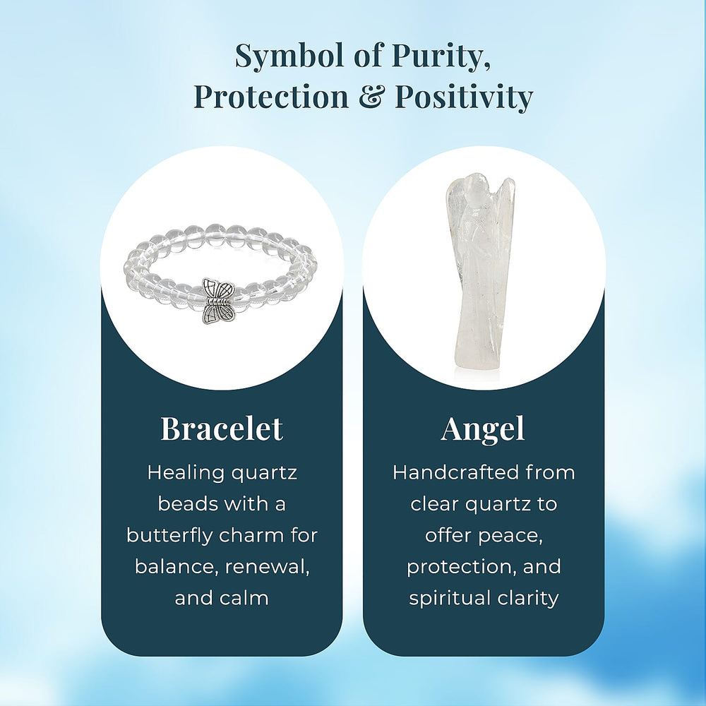 Handcarved White Quartz Guardian Angel Figurine Sculpture (Size 8 Cm) & Butterfly Stretchable Bracelet Presented in Velvet Pouch With Gift Card
