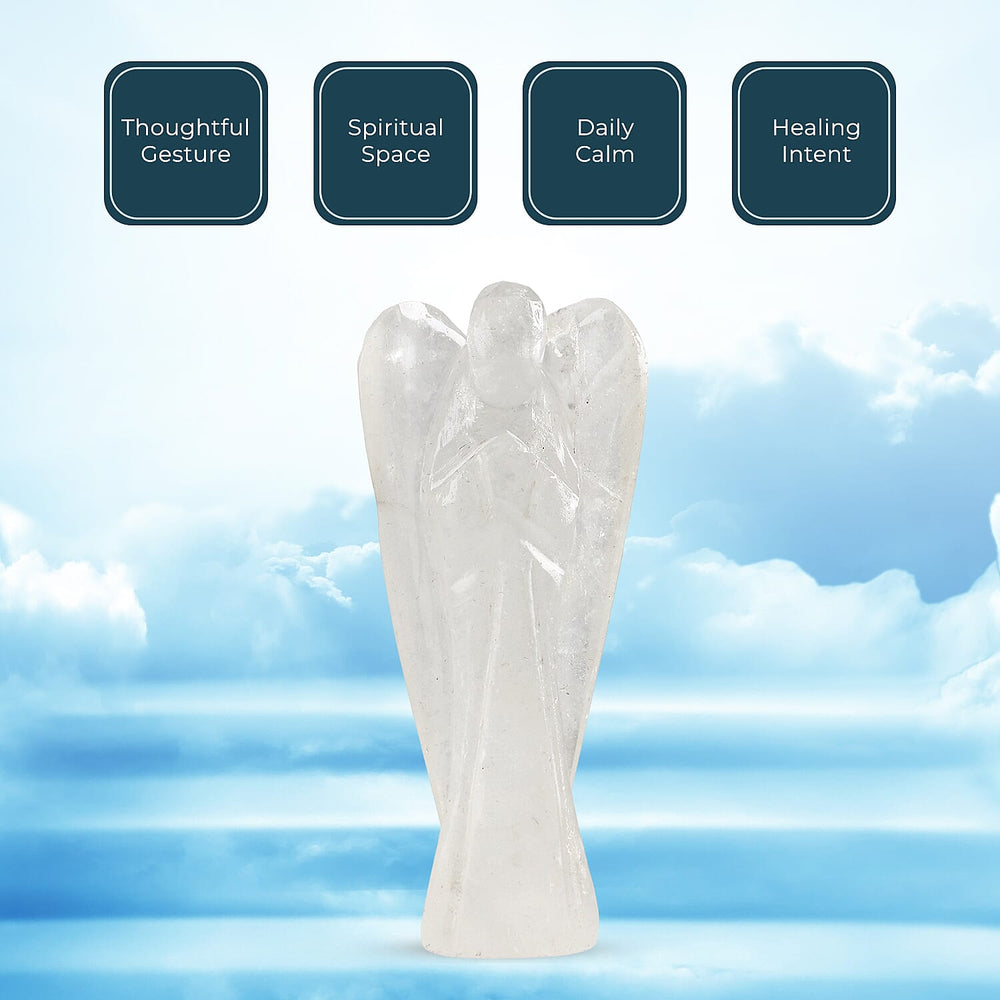 Handcarved White Quartz Guardian Angel Figurine Sculpture (Size 8 Cm) & Butterfly Stretchable Bracelet Presented in Velvet Pouch With Gift Card