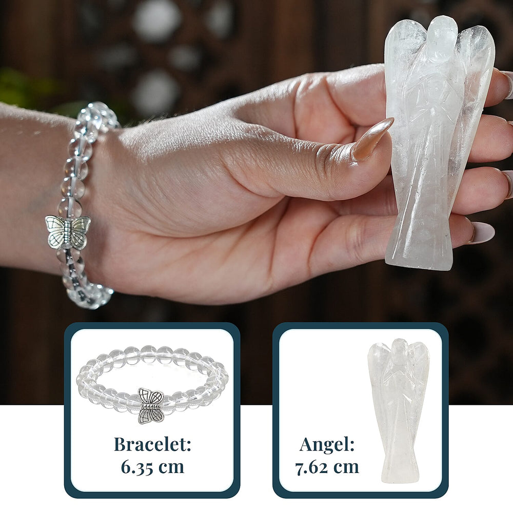 Handcarved White Quartz Guardian Angel Figurine Sculpture (Size 8 Cm) & Butterfly Stretchable Bracelet Presented in Velvet Pouch With Gift Card
