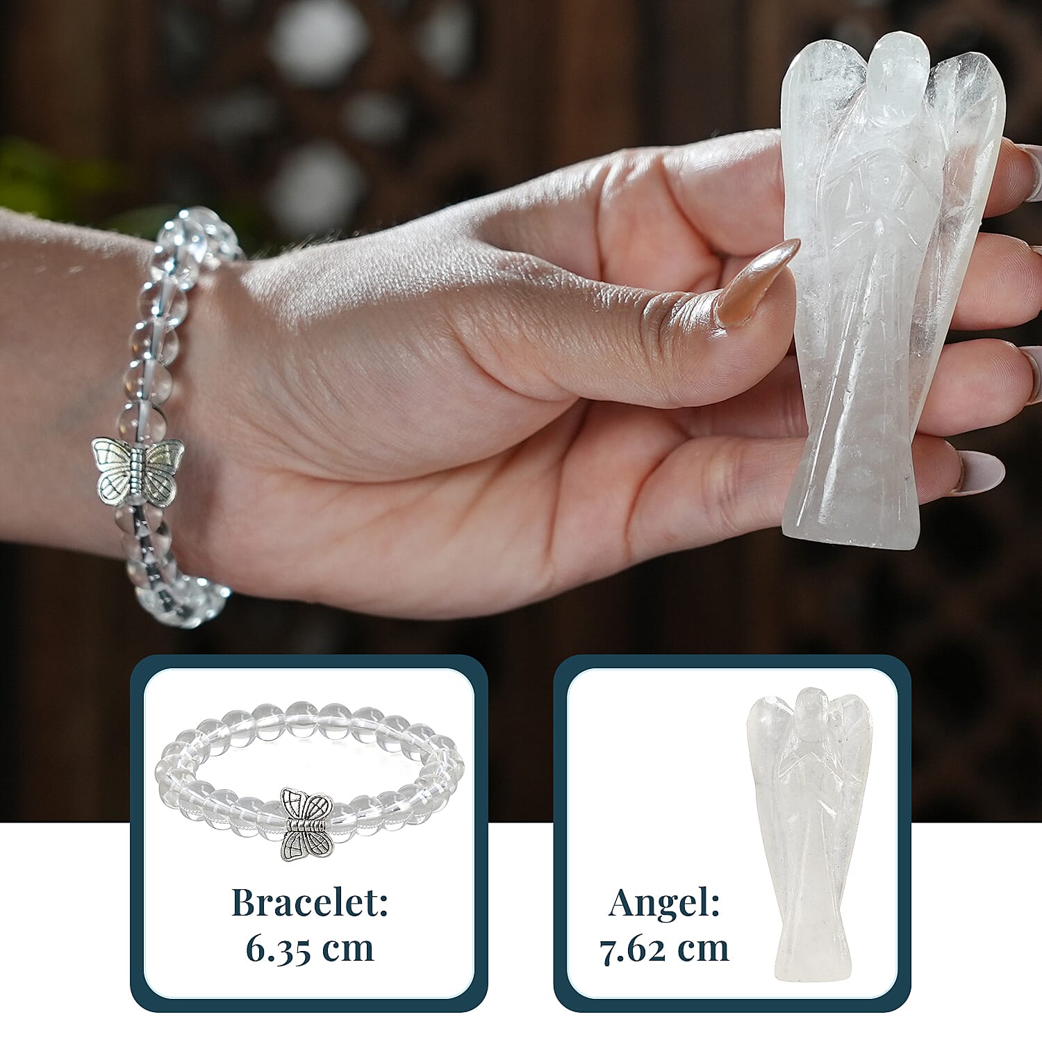 Handcarved White Quartz Guardian Angel Figurine Sculpture (Size 8 Cm) & Butterfly Stretchable Bracelet Presented in Velvet Pouch With Gift Card