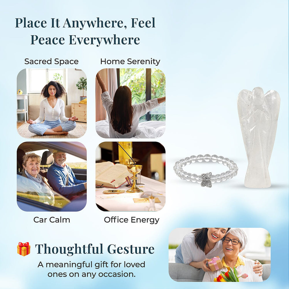 Handcarved White Quartz Guardian Angel Figurine Sculpture (Size 8 Cm) & Butterfly Stretchable Bracelet Presented in Velvet Pouch With Gift Card