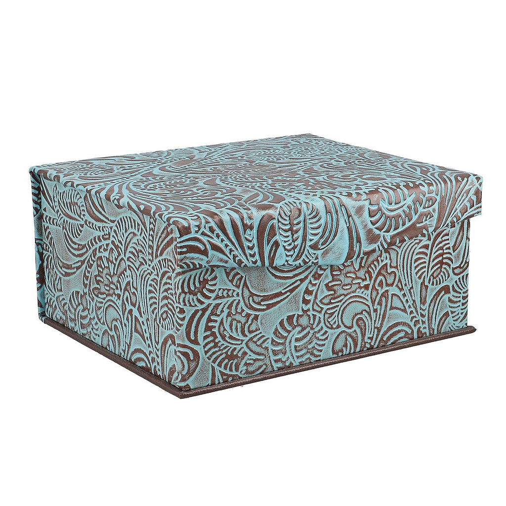 Handcrafted Embossed Leather 2 Tier Jewellery Box - Blue and Multi