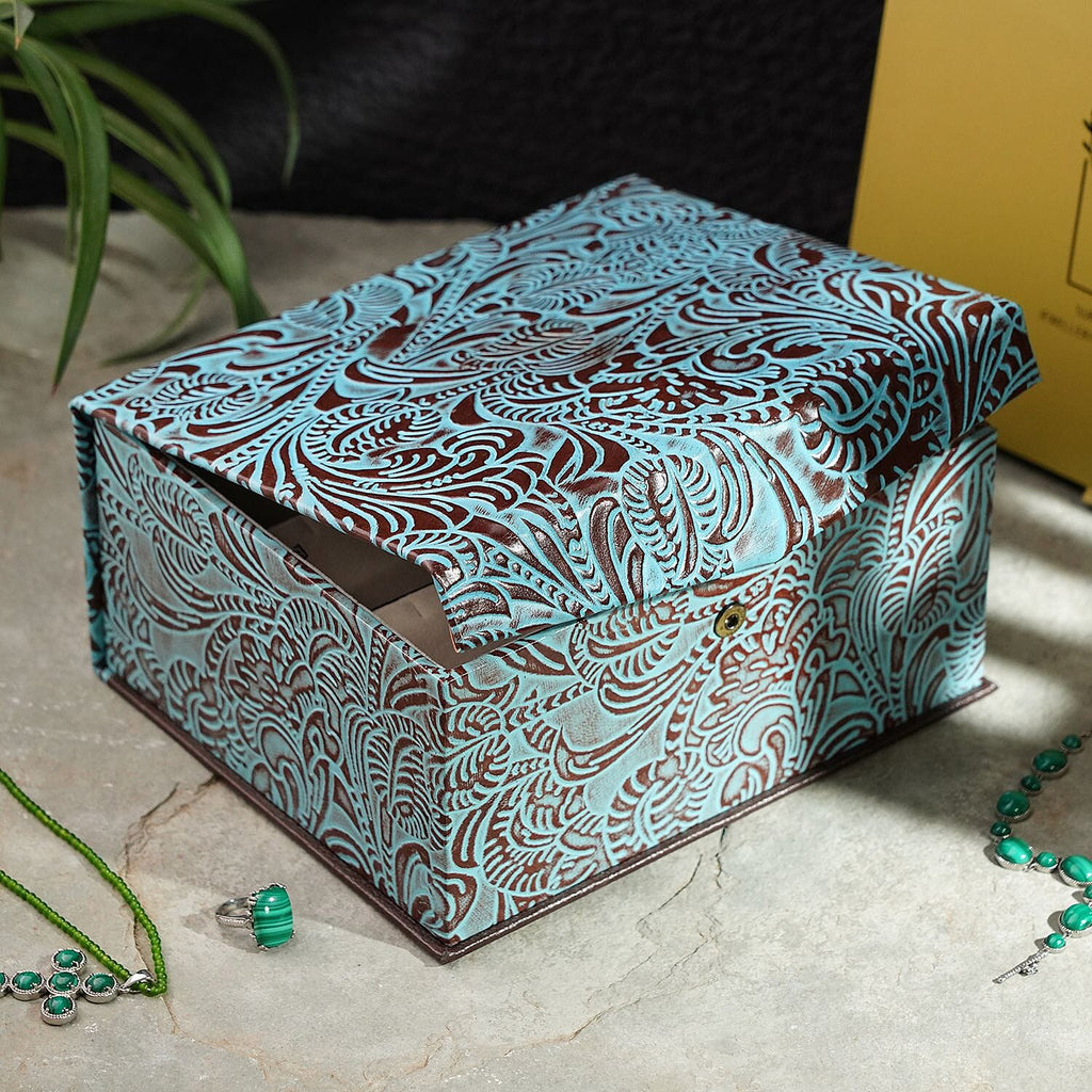 Handcrafted Embossed Leather 2 Tier Jewellery Box - Blue and Multi