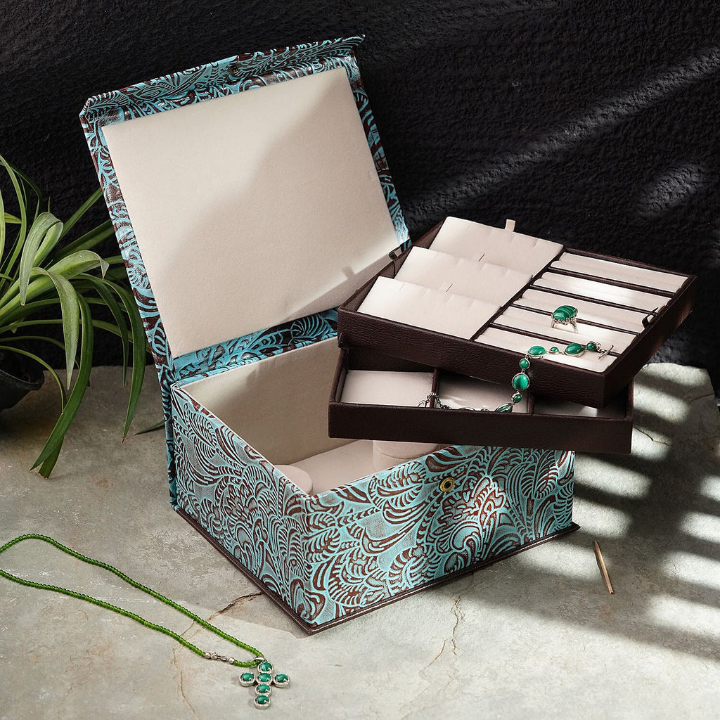 Handcrafted Embossed Leather 2 Tier Jewellery Box - Blue and Multi