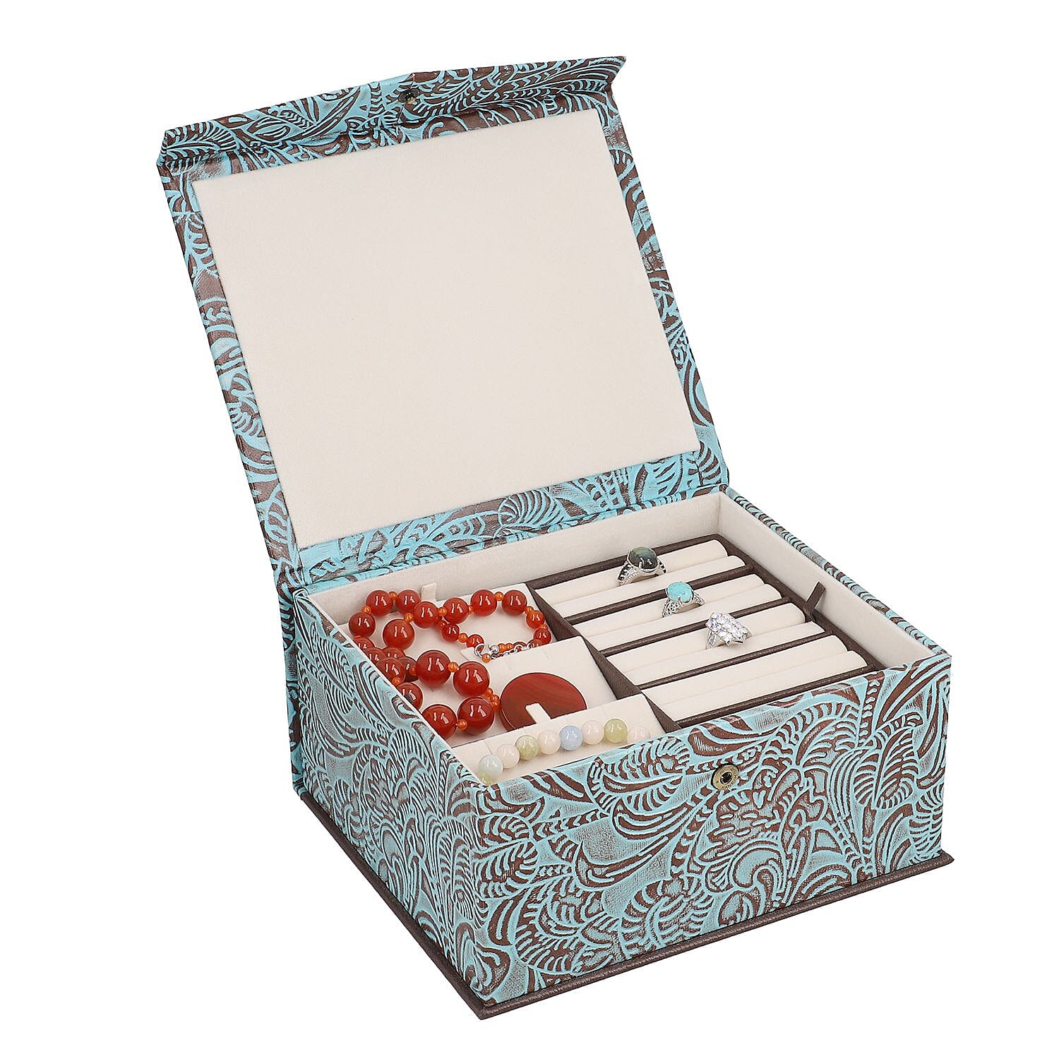 Handcrafted Embossed Leather 2 Tier Jewellery Box - Blue and Multi
