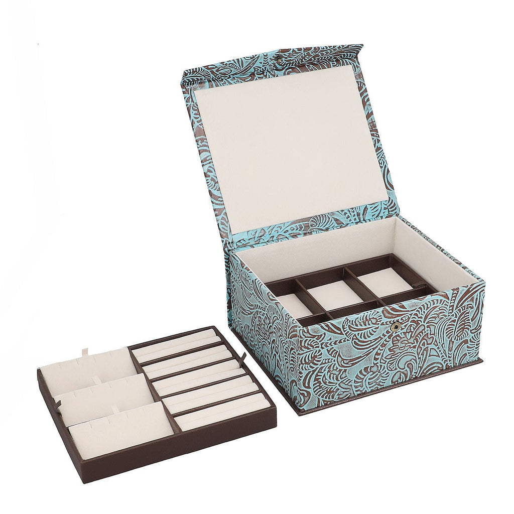 Handcrafted Embossed Leather 2 Tier Jewellery Box - Blue and Multi