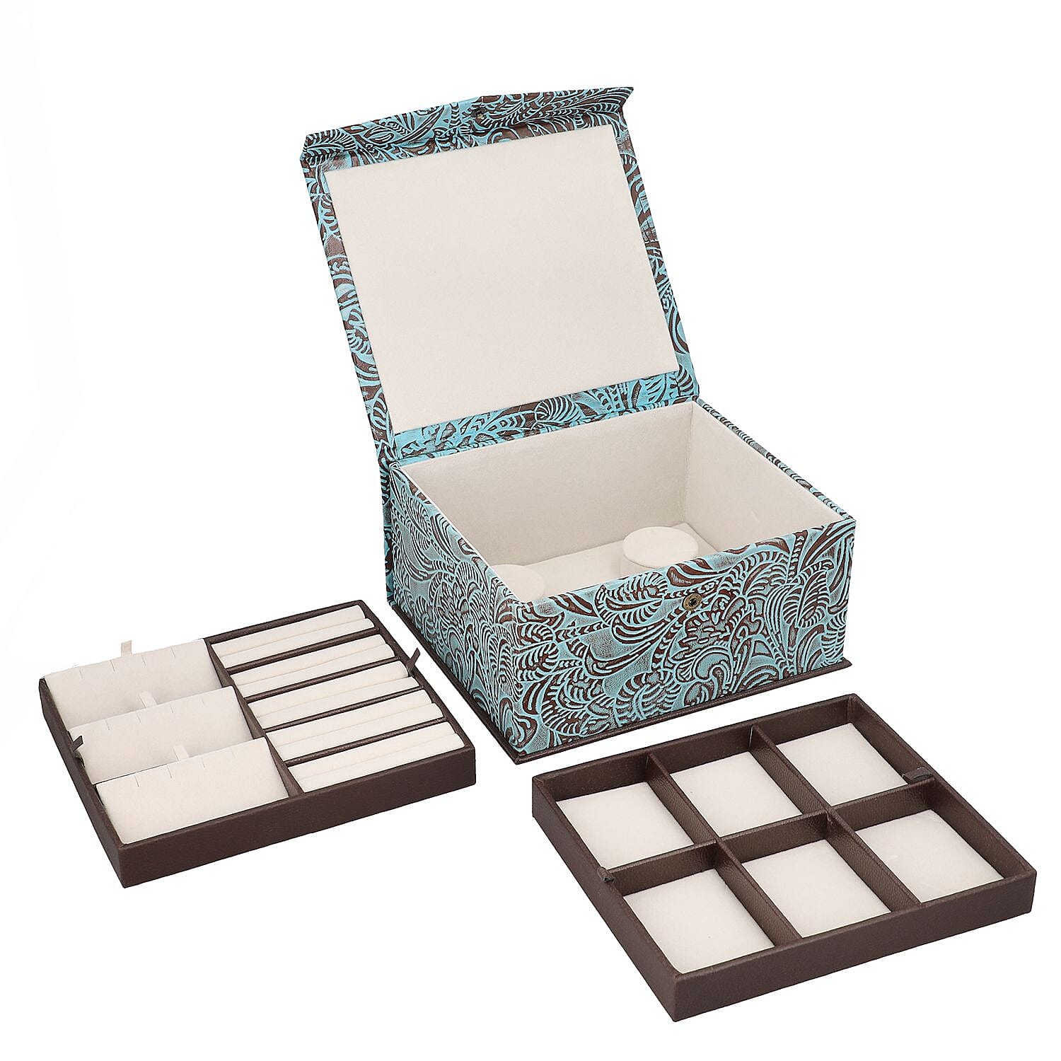 Handcrafted Embossed Leather 2 Tier Jewellery Box - Blue and Multi