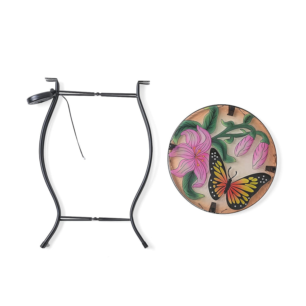Handcrafted Glass Butterfly & Flower Garden Table with Solar Light - (35.5x35.5x52.5cm) - Multicolor