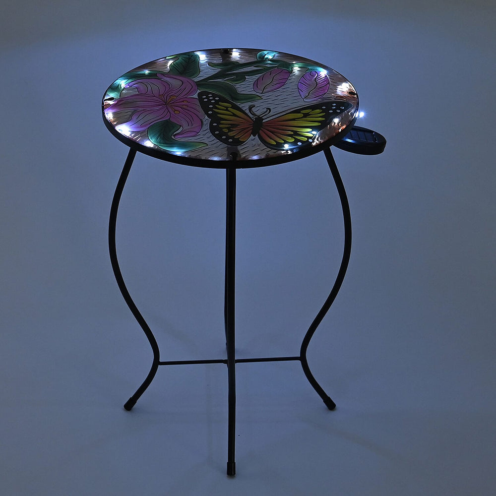 Handcrafted Glass Butterfly & Flower Garden Table with Solar Light - (35.5x35.5x52.5cm) - Multicolor