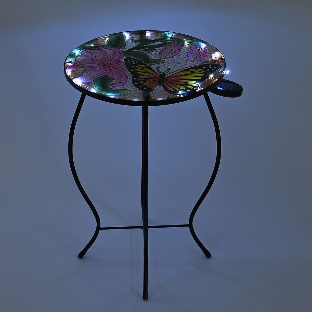 Handcrafted Glass Butterfly & Flower Garden Table with Solar Light - (35.5x35.5x52.5cm) - Multicolor