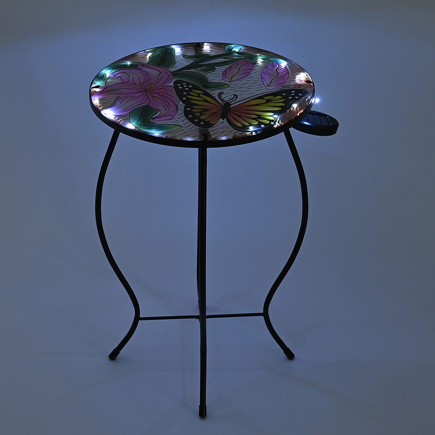 Handcrafted Glass Butterfly & Flower Garden Table with Solar Light - (35.5x35.5x52.5cm) - Multicolor