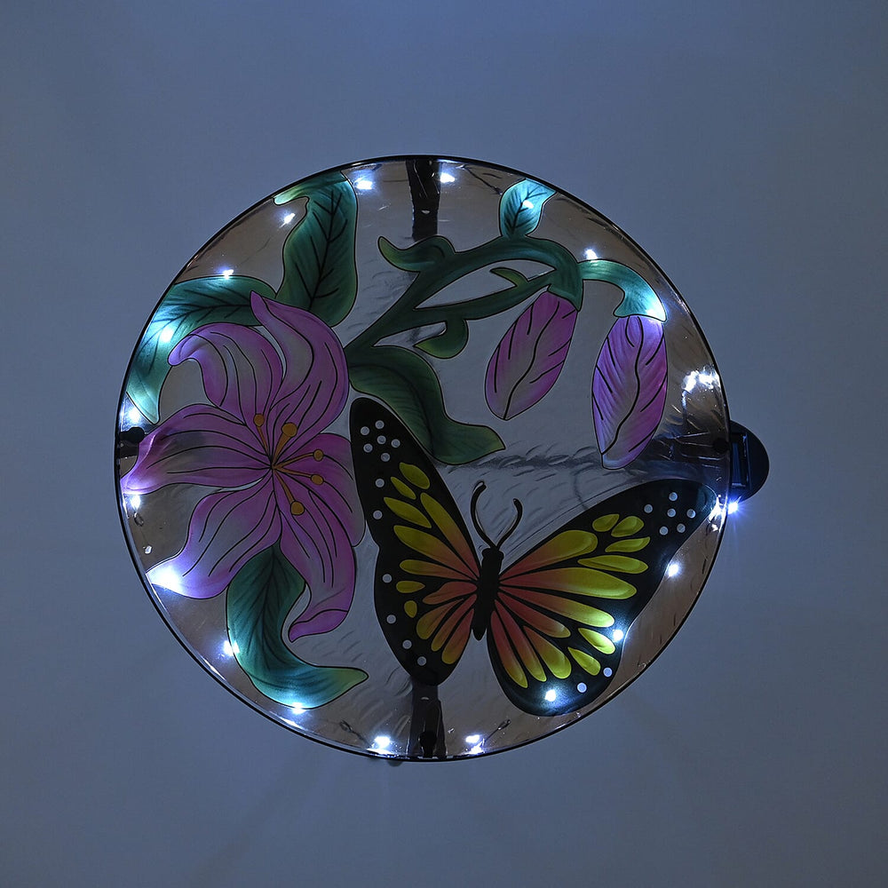 Handcrafted Glass Butterfly & Flower Garden Table with Solar Light - (35.5x35.5x52.5cm) - Multicolor