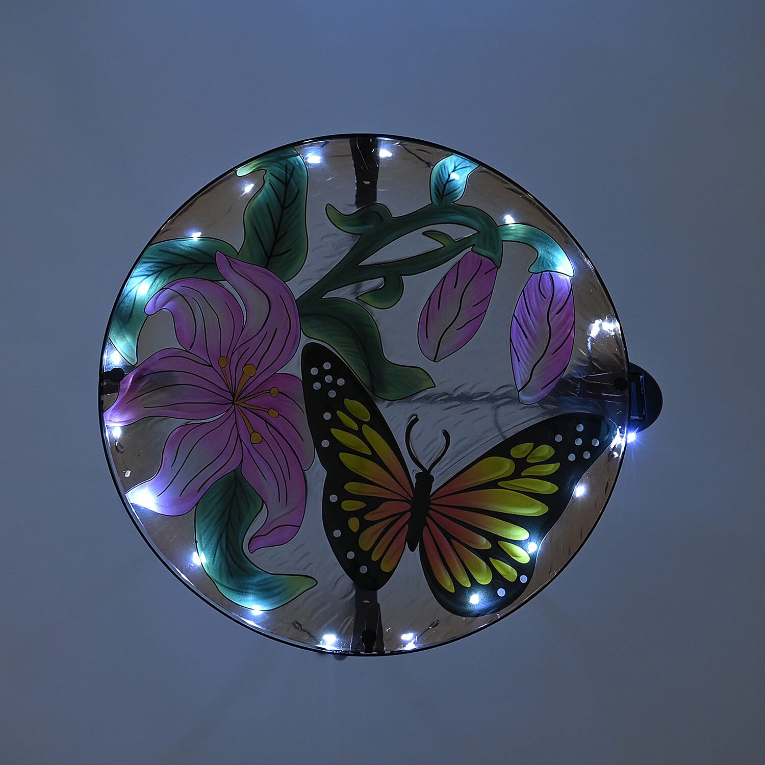 Handcrafted Glass Butterfly & Flower Garden Table with Solar Light - (35.5x35.5x52.5cm) - Multicolor