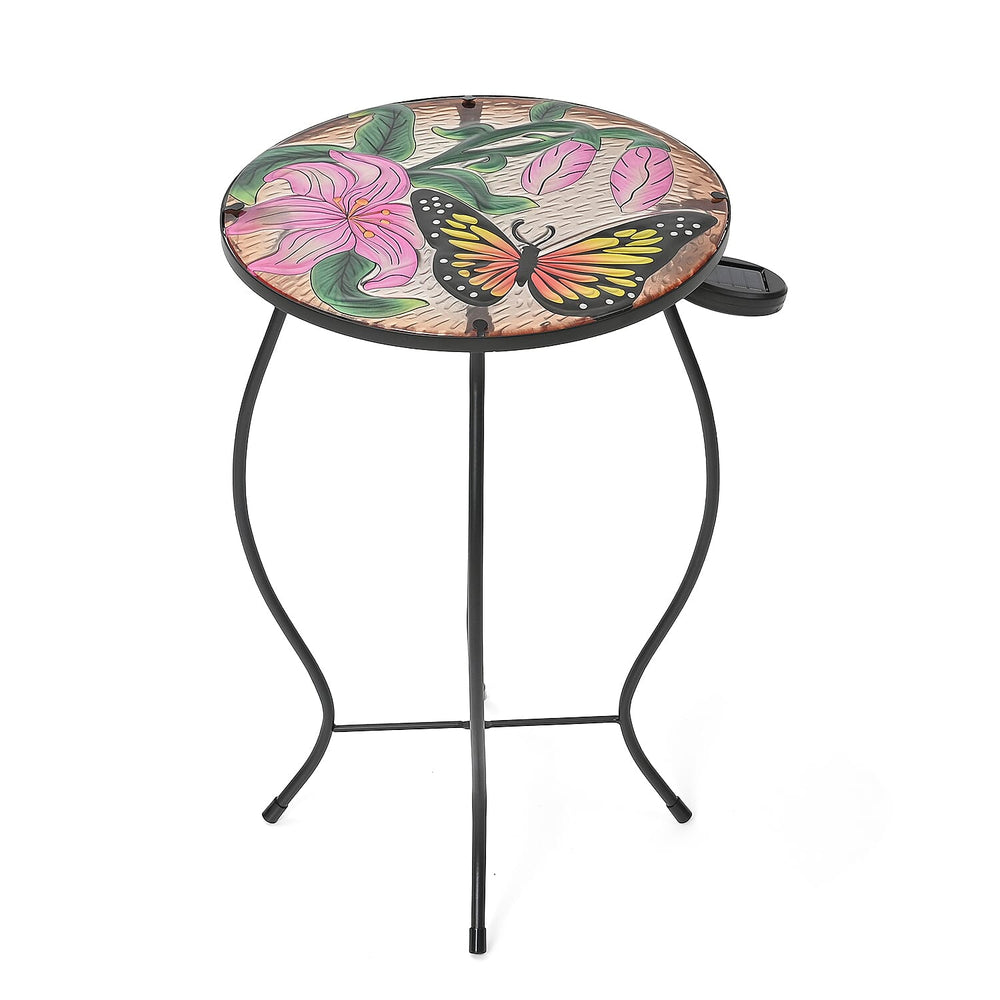 Handcrafted Glass Butterfly & Flower Garden Table with Solar Light - (35.5x35.5x52.5cm) - Multicolor