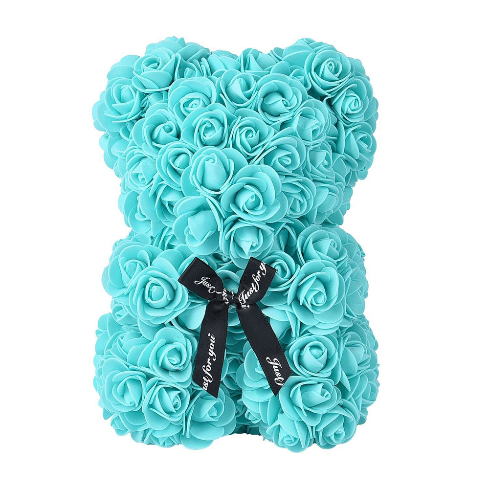 Handcrafted Rose Flower Bear with Bow (Size 28x18x17Cm) - Turquoise Blue
