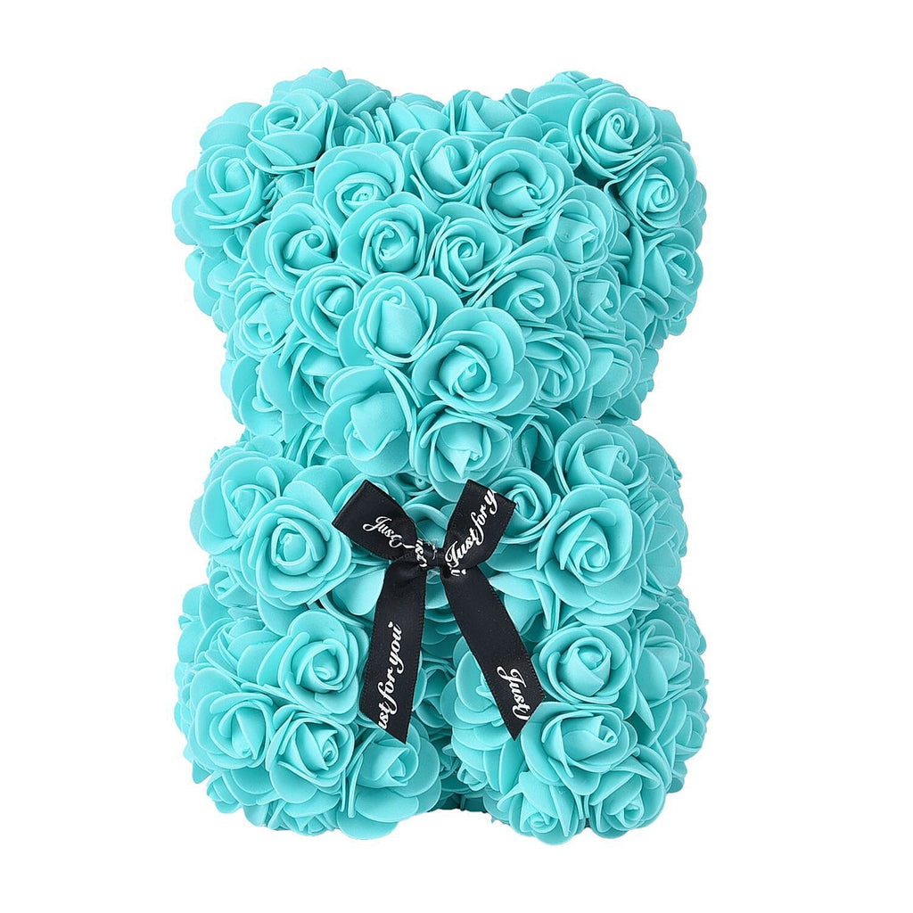 Handcrafted Rose Flower Bear with Bow (Size 28x18x17Cm) - Turquoise Blue