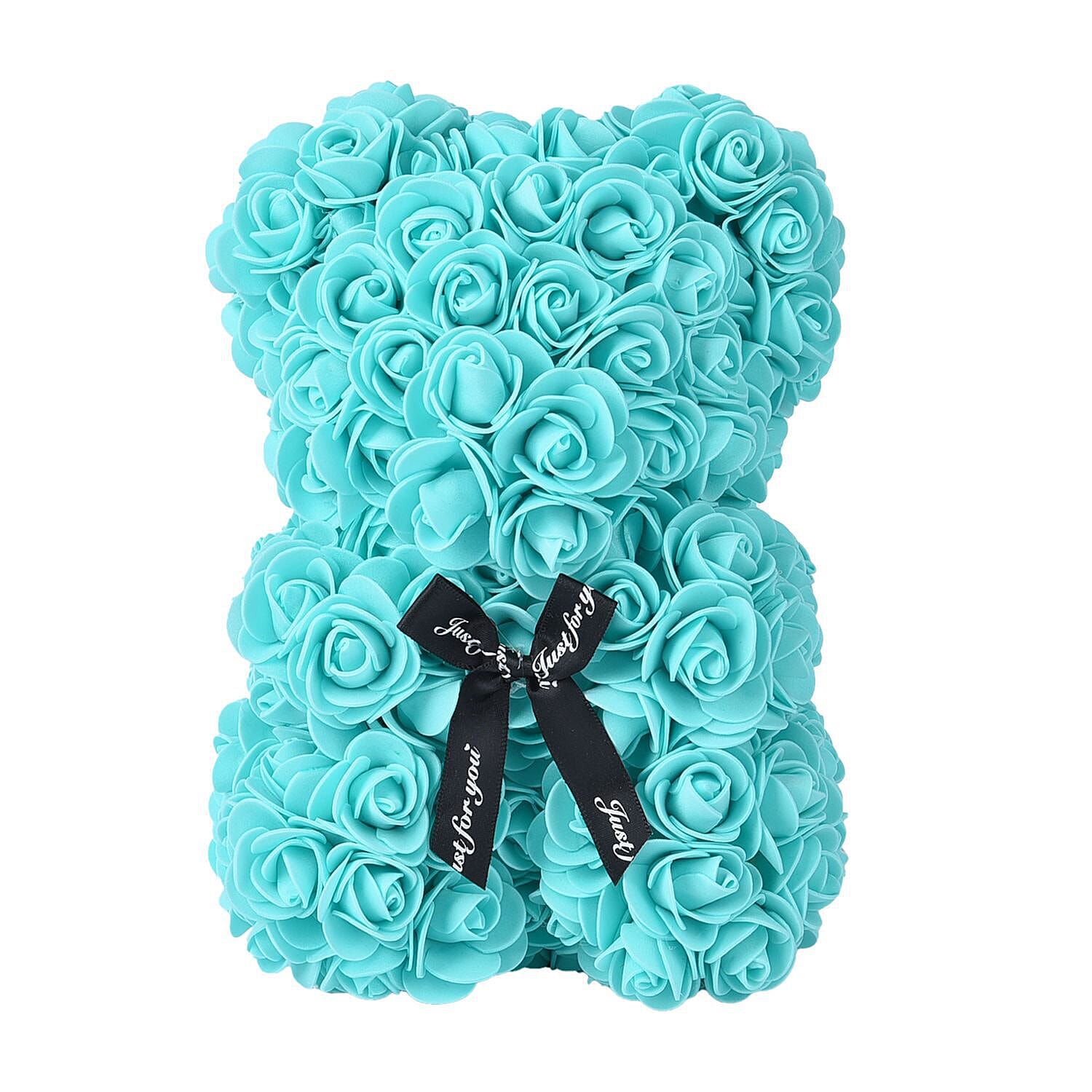 Handcrafted Rose Flower Bear with Bow (Size 28x18x17Cm) - Turquoise Blue