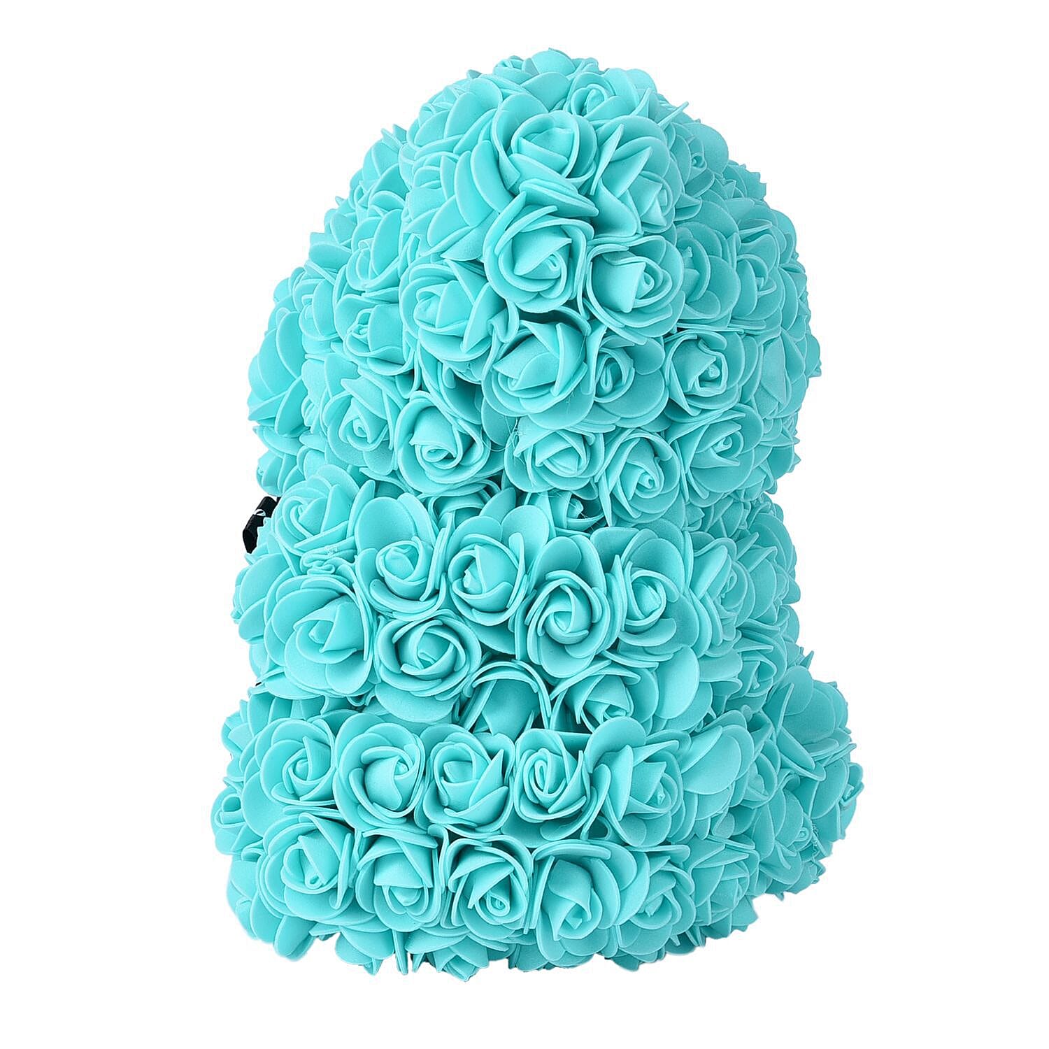 Handcrafted Rose Flower Bear with Bow (Size 28x18x17Cm) - Turquoise Blue