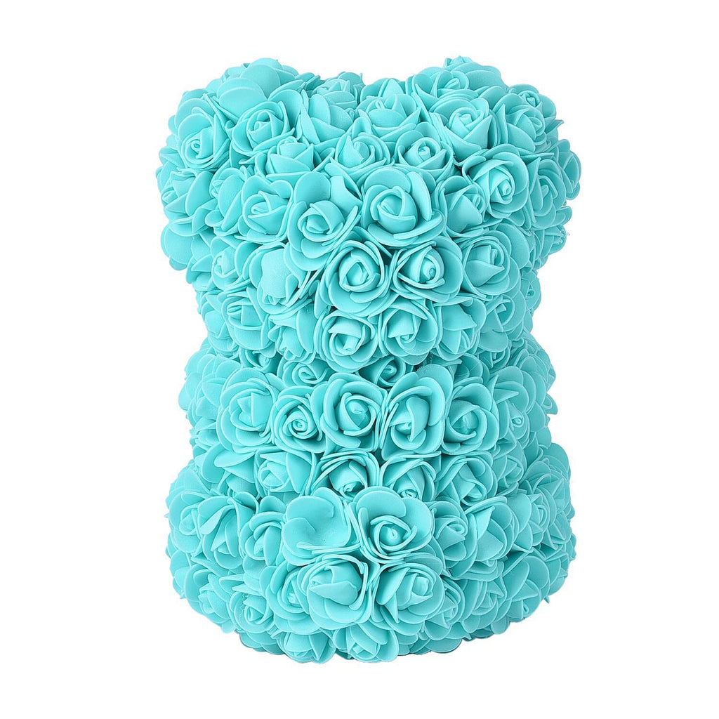 Handcrafted Rose Flower Bear with Bow (Size 28x18x17Cm) - Turquoise Blue