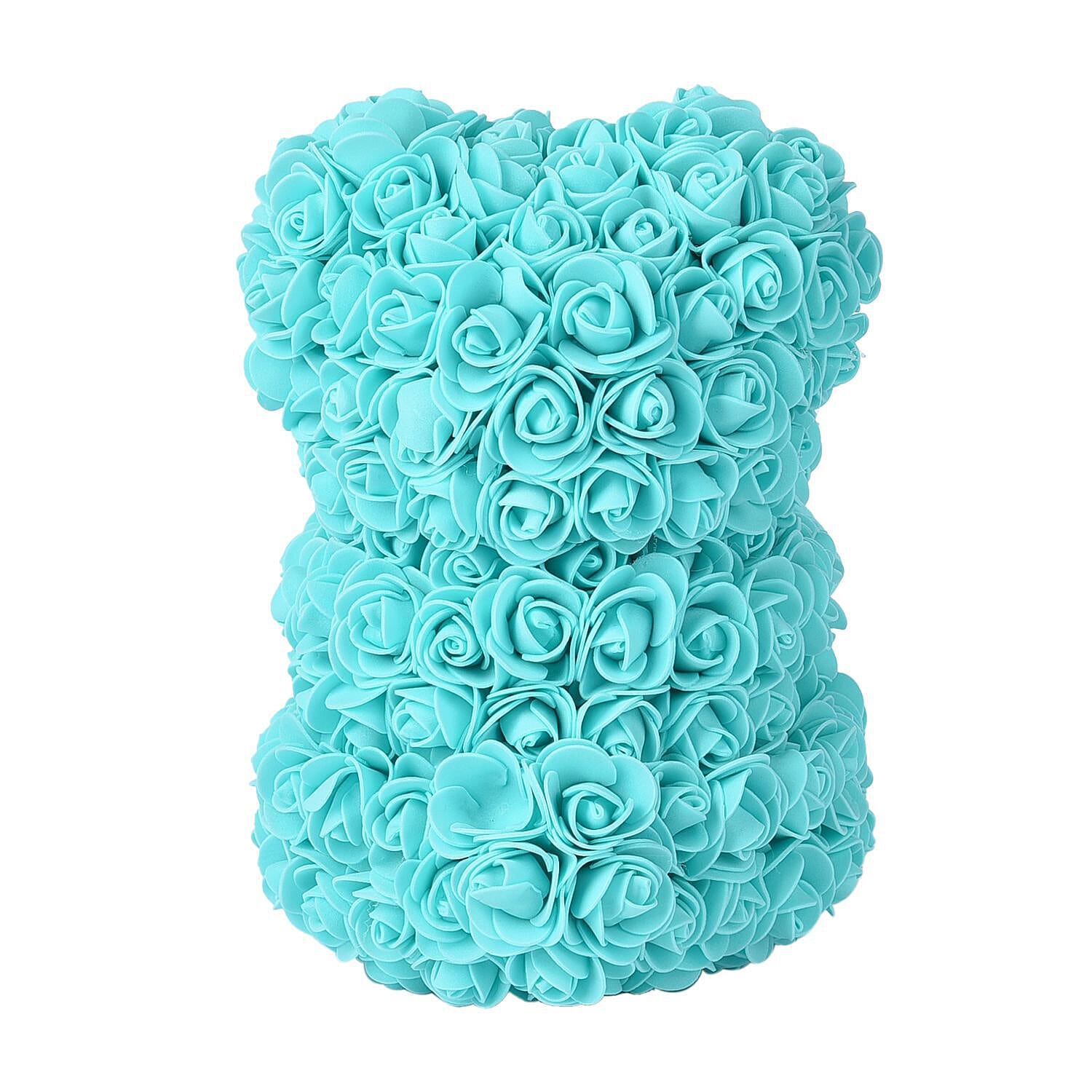 Handcrafted Rose Flower Bear with Bow (Size 28x18x17Cm) - Turquoise Blue