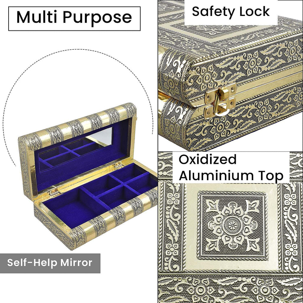 Handcrafted Oxidized Aluminium Storage-Jewelry Box with Mirror (Size 27x13x8 cm) - Gold