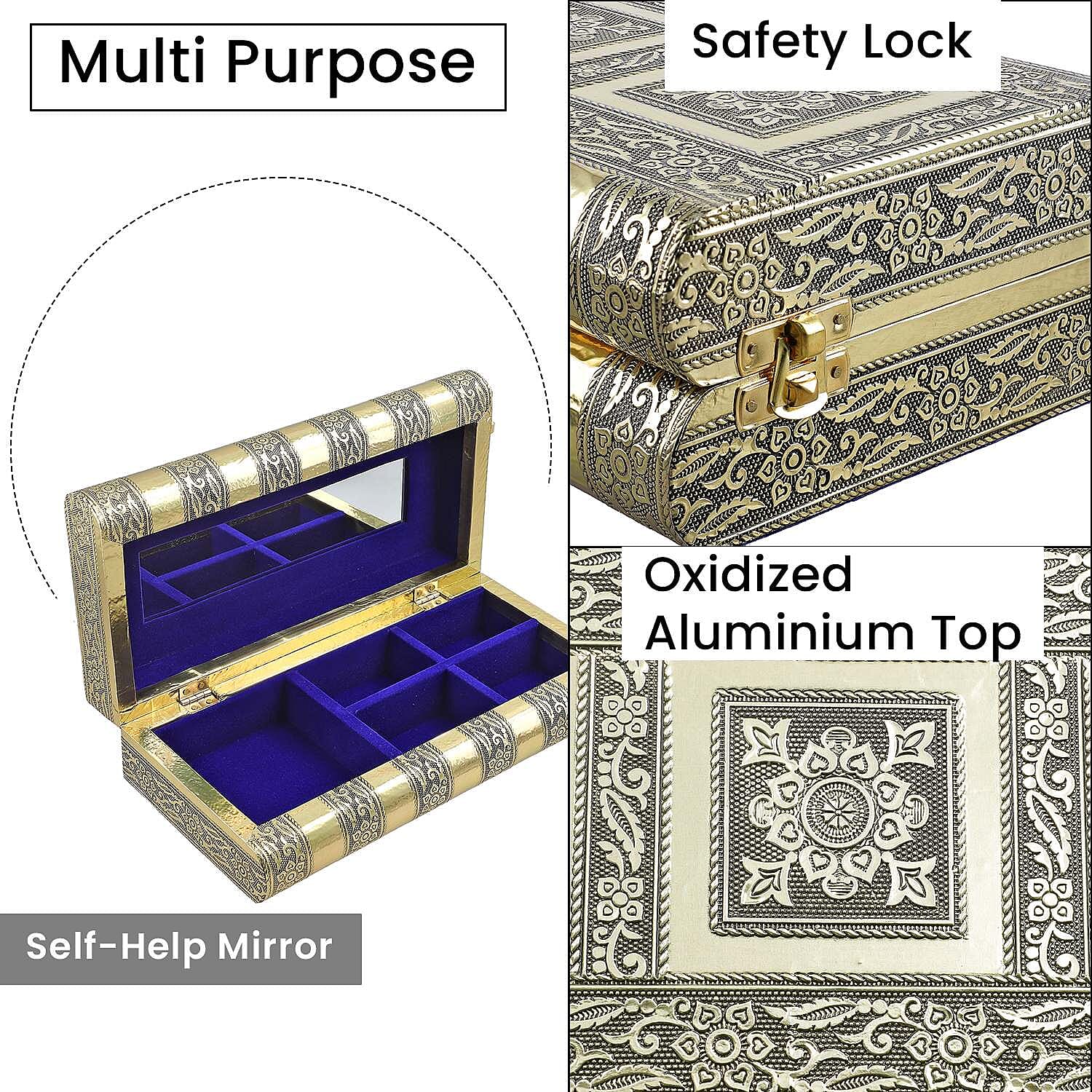 Handcrafted Oxidized Aluminium Storage-Jewelry Box with Mirror (Size 27x13x8 cm) - Gold