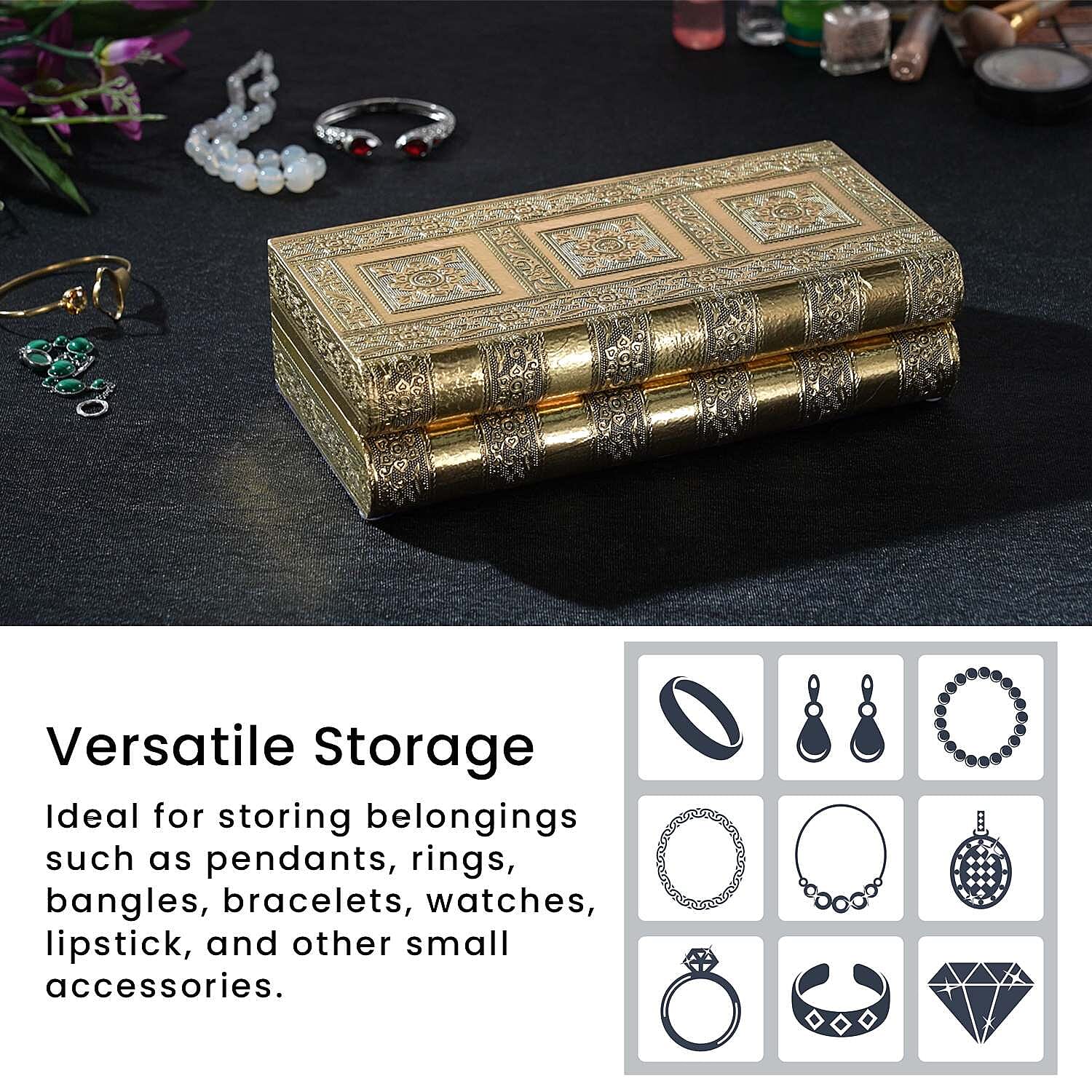 Handcrafted Oxidized Aluminium Storage-Jewelry Box with Mirror (Size 27x13x8 cm) - Gold