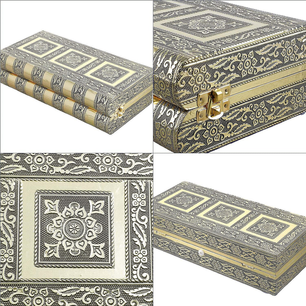 Handcrafted Oxidized Aluminium Storage-Jewelry Box with Mirror (Size 27x13x8 cm) - Gold