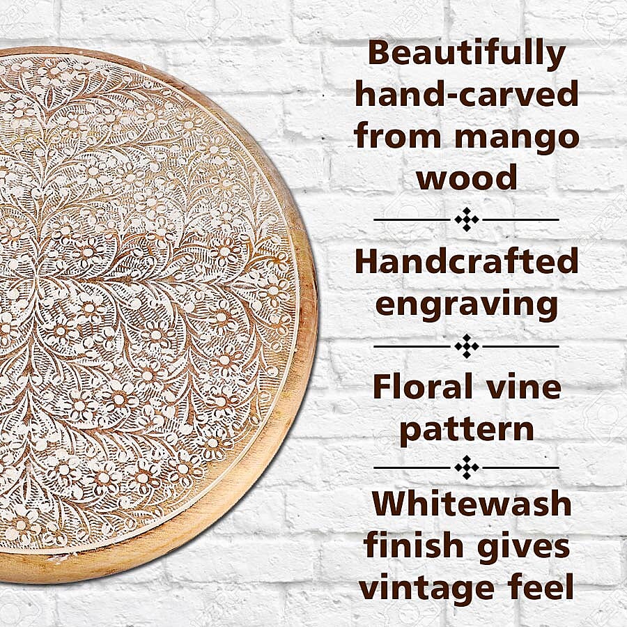 Handmade - Hand Carved Rotating Mango Wood Tray (Dia 40cm, Weight 4.40 lbs)