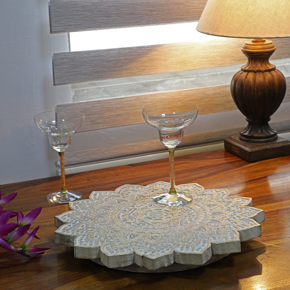 Handmade Mango Wood Carved Rotating Tray (Dia 40.62cm)