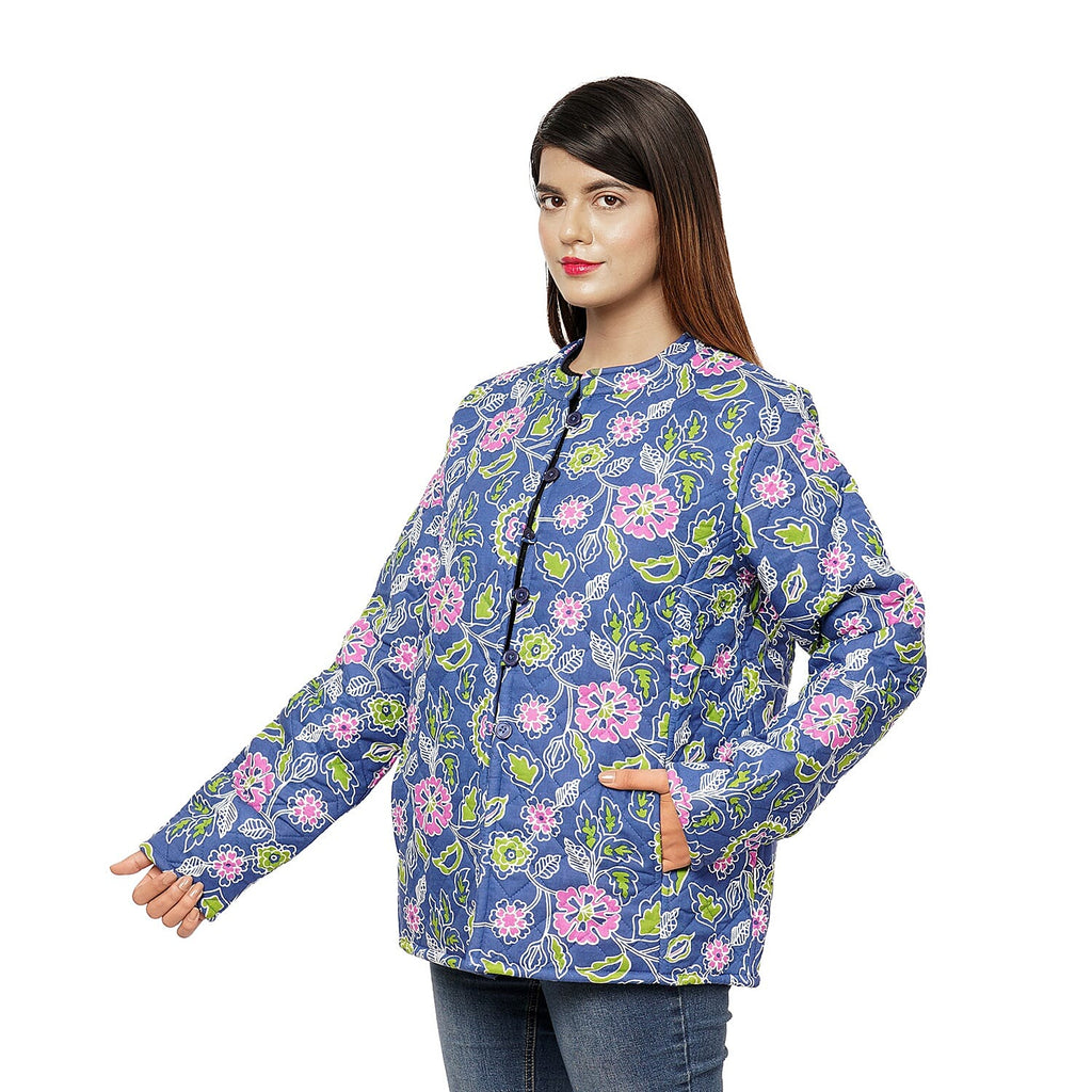 Handmade Printed Reversible Quilted Full-Sleeves Jacket in Navy - (Size M, 12-14 )