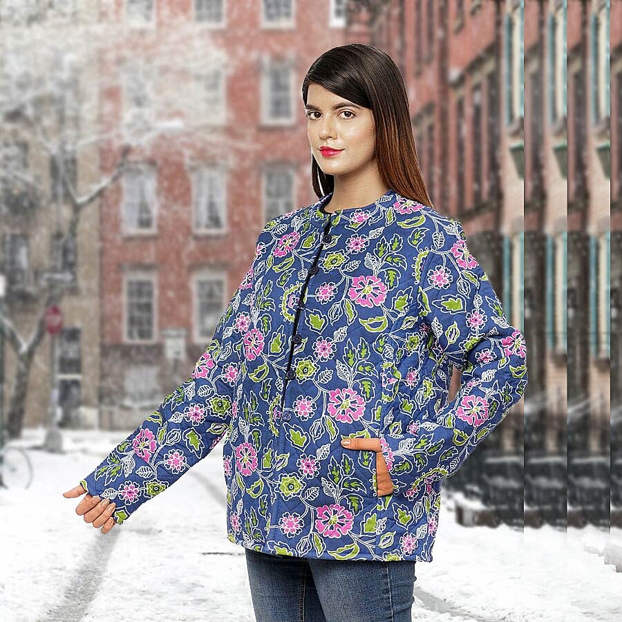 Handmade Printed Reversible Quilted Full-Sleeves Jacket in Navy - (Size M, 12-14 )
