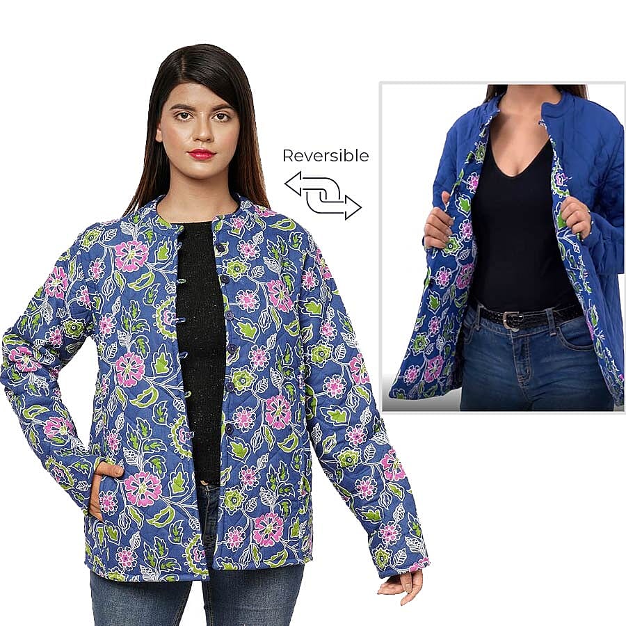 Handmade Printed Reversible Quilted Full-Sleeves Jacket in Navy - (Size M, 12-14 )