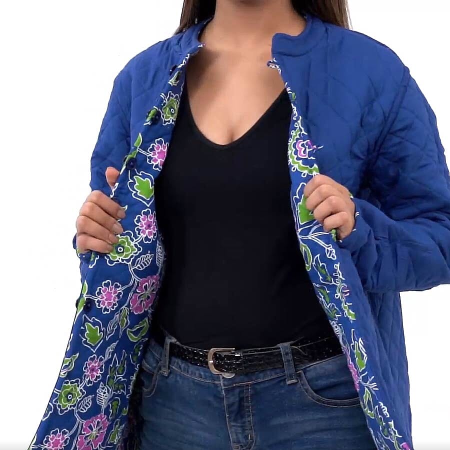 Handmade Printed Reversible Quilted Full-Sleeves Jacket in Navy - (Size M, 12-14 )