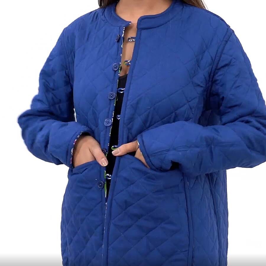 Handmade Printed Reversible Quilted Full-Sleeves Jacket in Navy - (Size M, 12-14 )