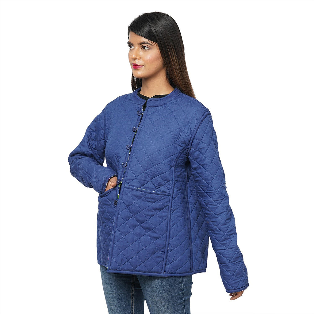 Handmade Printed Reversible Quilted Full-Sleeves Jacket in Navy - (Size M, 12-14 )