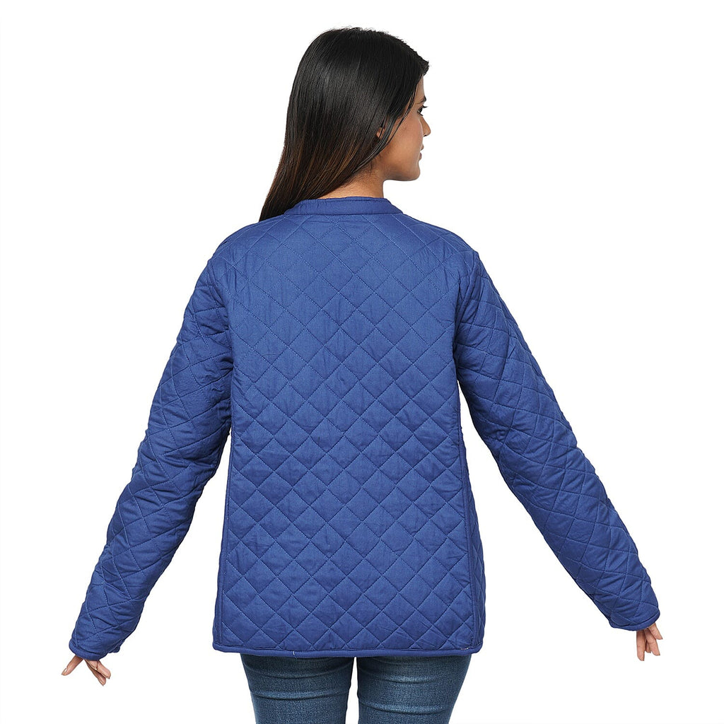 Handmade Printed Reversible Quilted Full-Sleeves Jacket in Navy - (Size M, 12-14 )