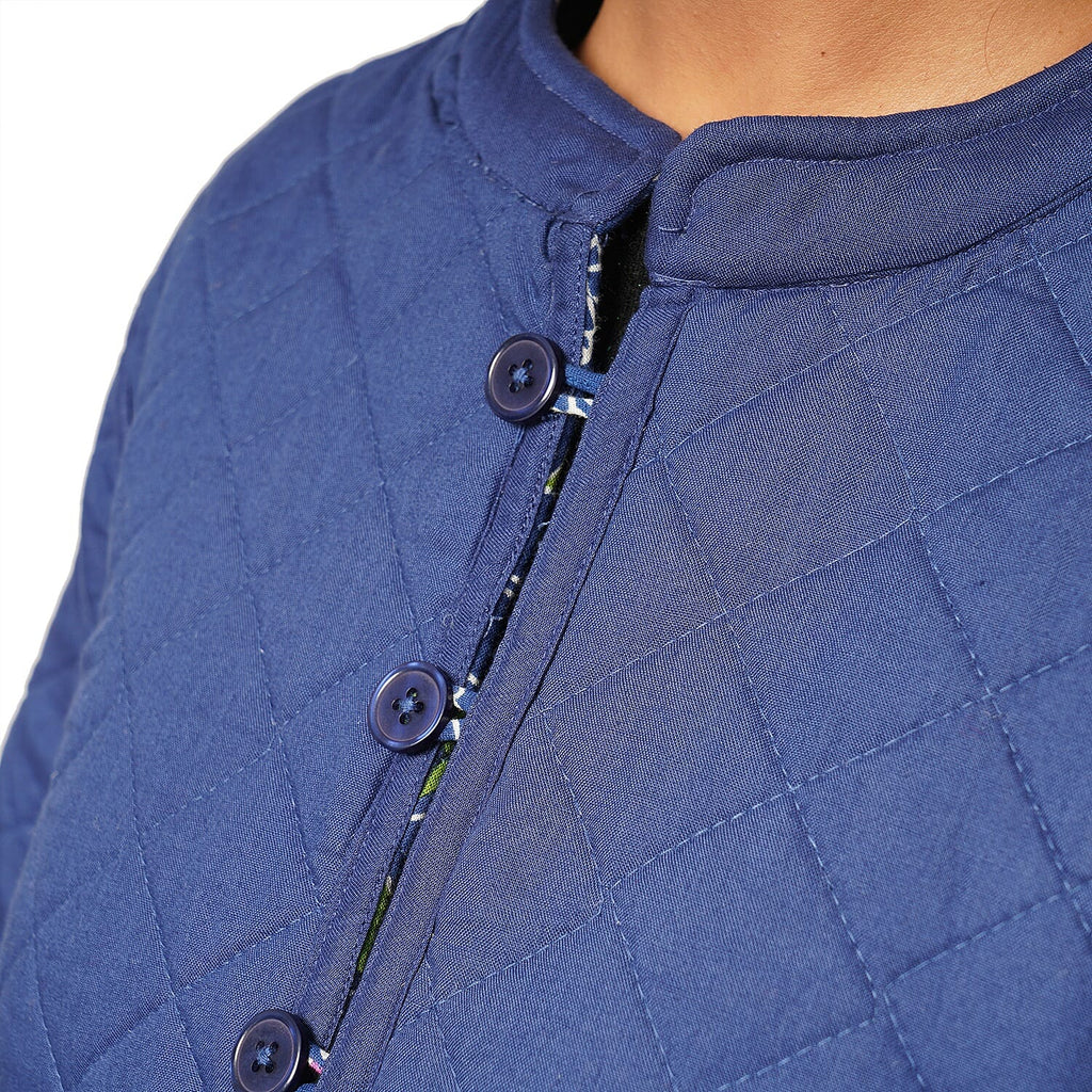 Handmade Printed Reversible Quilted Full-Sleeves Jacket in Navy - (Size M, 12-14 )
