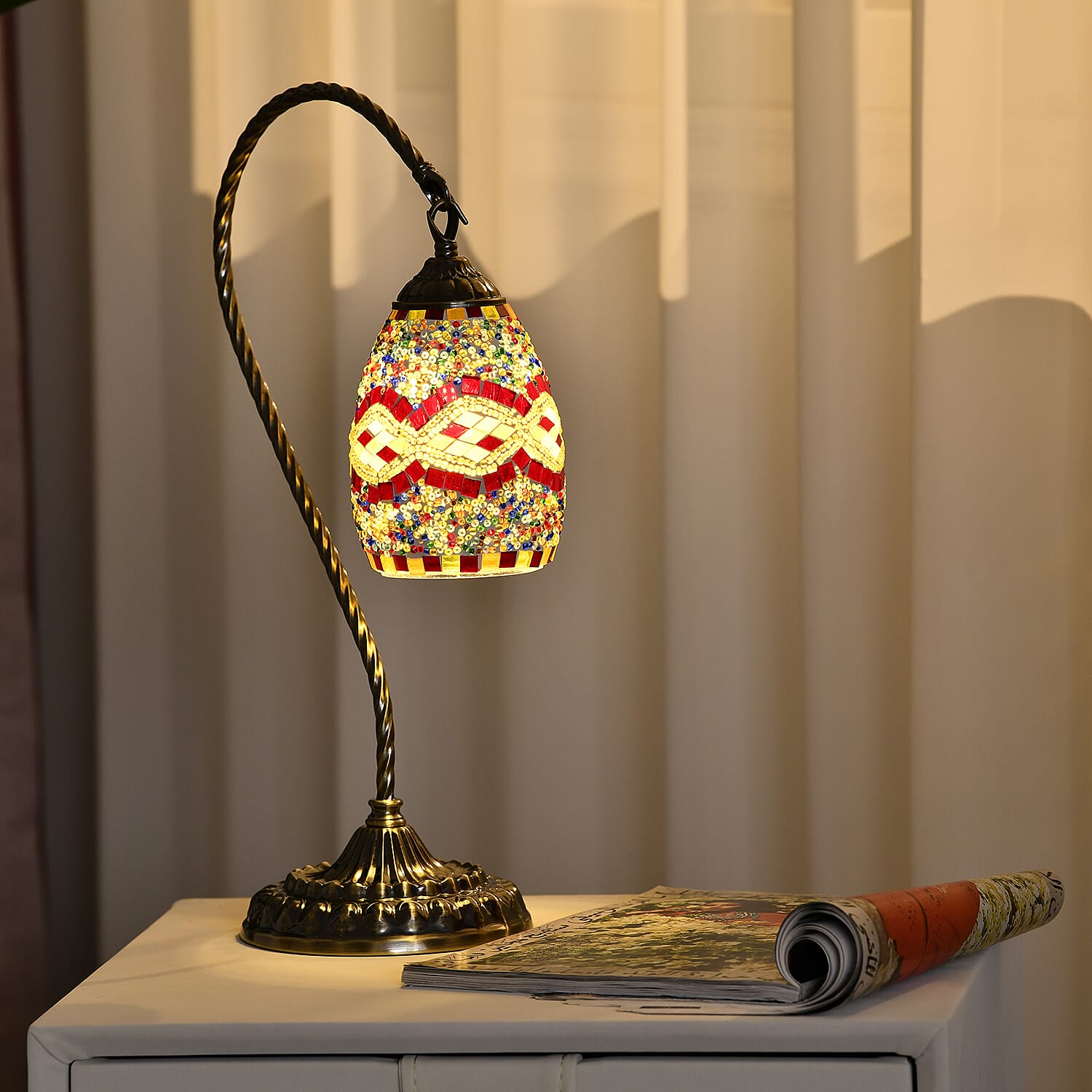 Handmade Floral Pattern Turkish Mosaic Table Lamp - Maroon - Multi