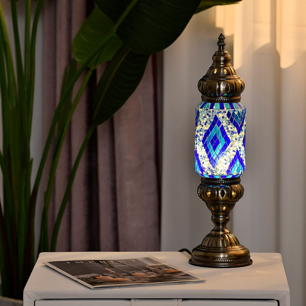 Handmade Turkish Mosaic Table Lamp (Size 13x13x40 cm) - Blue