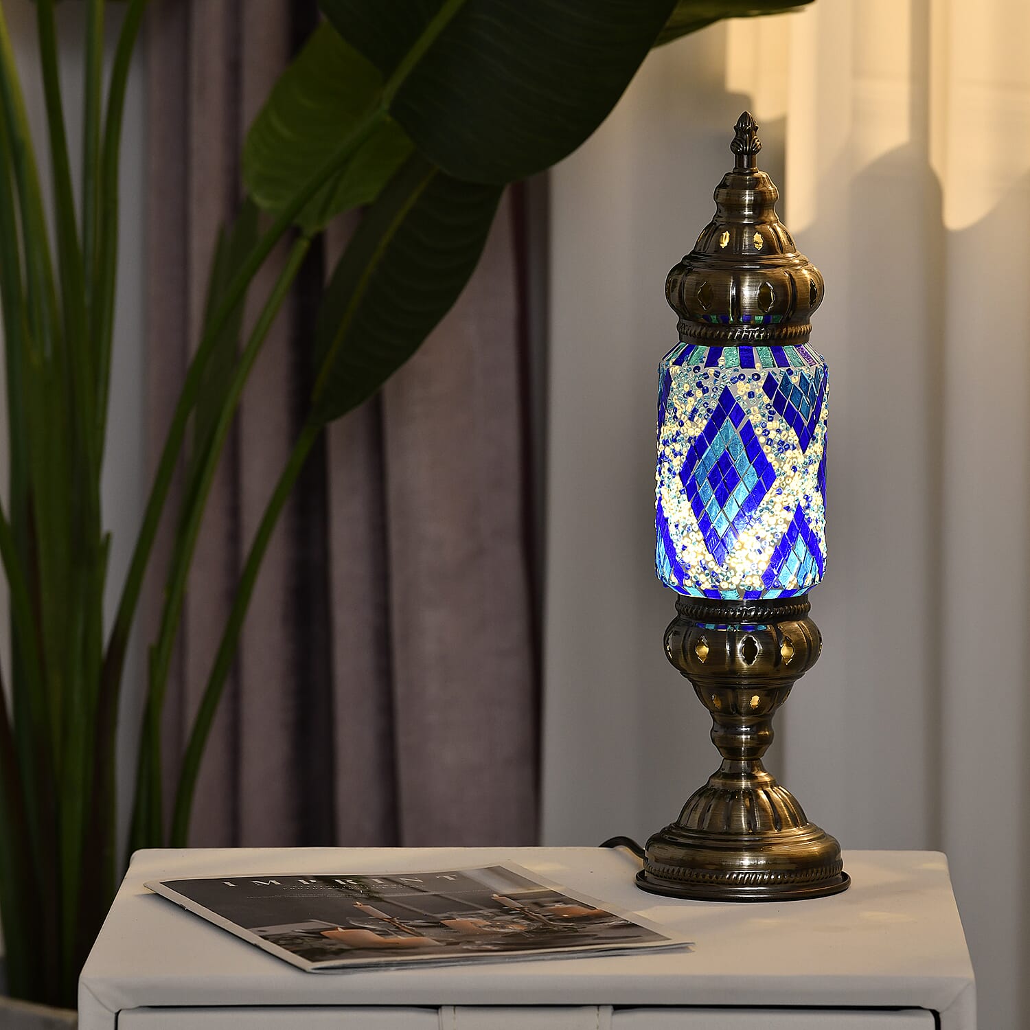 Handmade Turkish Mosaic Table Lamp (Size 13x13x40 cm) - Blue