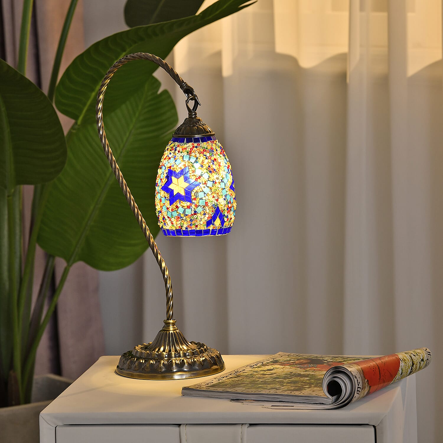 Handmade Turkish Mosaic Table Lamp (Size 15x15x50 cm) - Blue - Multi