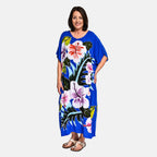 100% Viscose Handpainted Floral Pattern Maxi Dress (One Size) - Blue - Multi